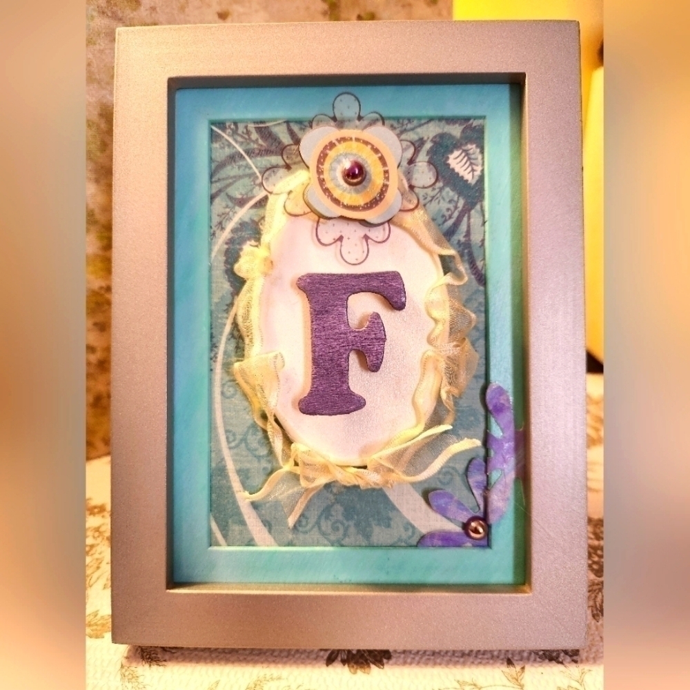 Handcrafted 3D Initials "F" Framed Design w/ Gift Card-wall hang/stand display.
